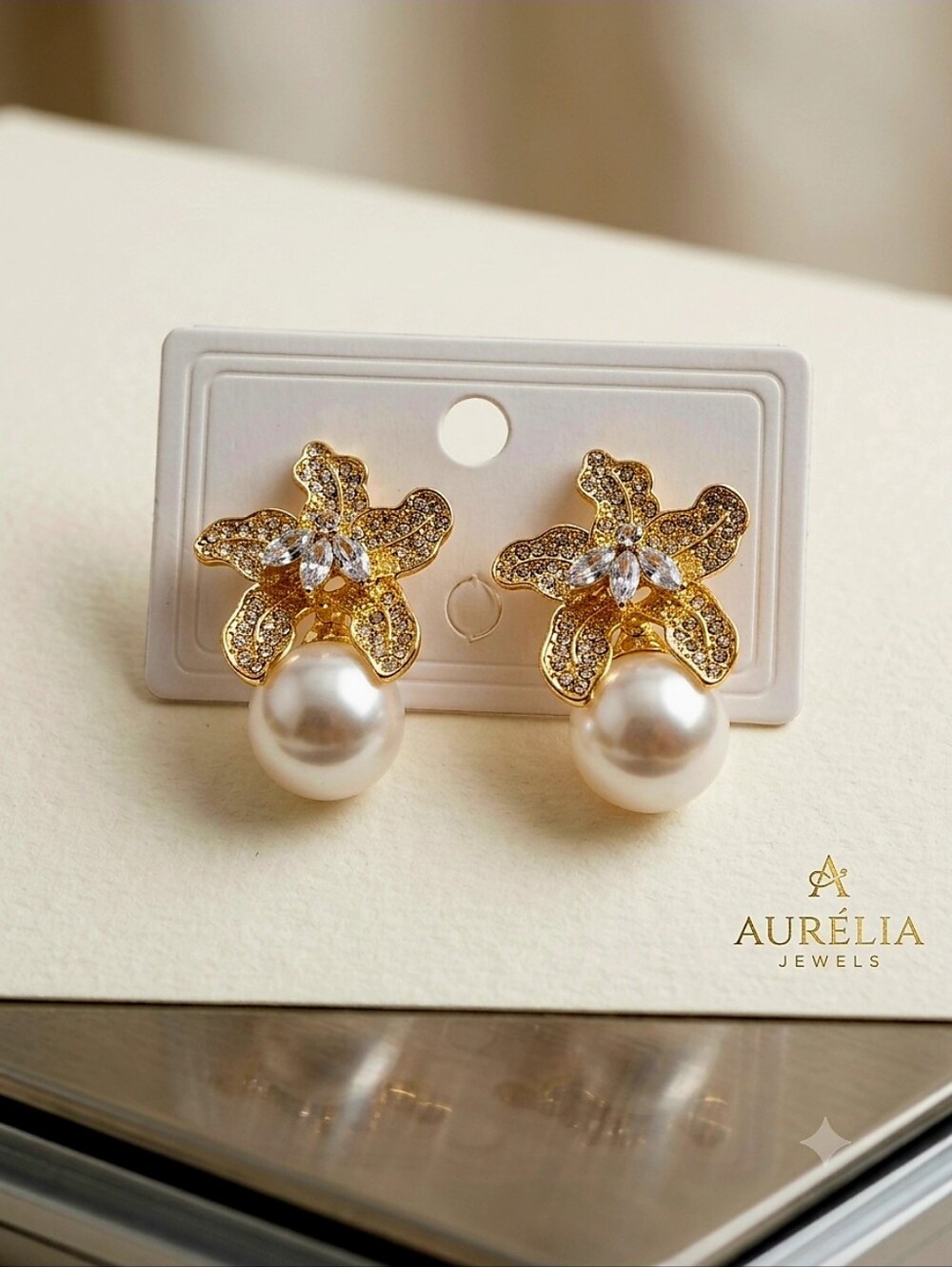 Gold Flower Pearl Drop Earrings with Clear Crystals Like Rhinestone - Picture 2 of 16